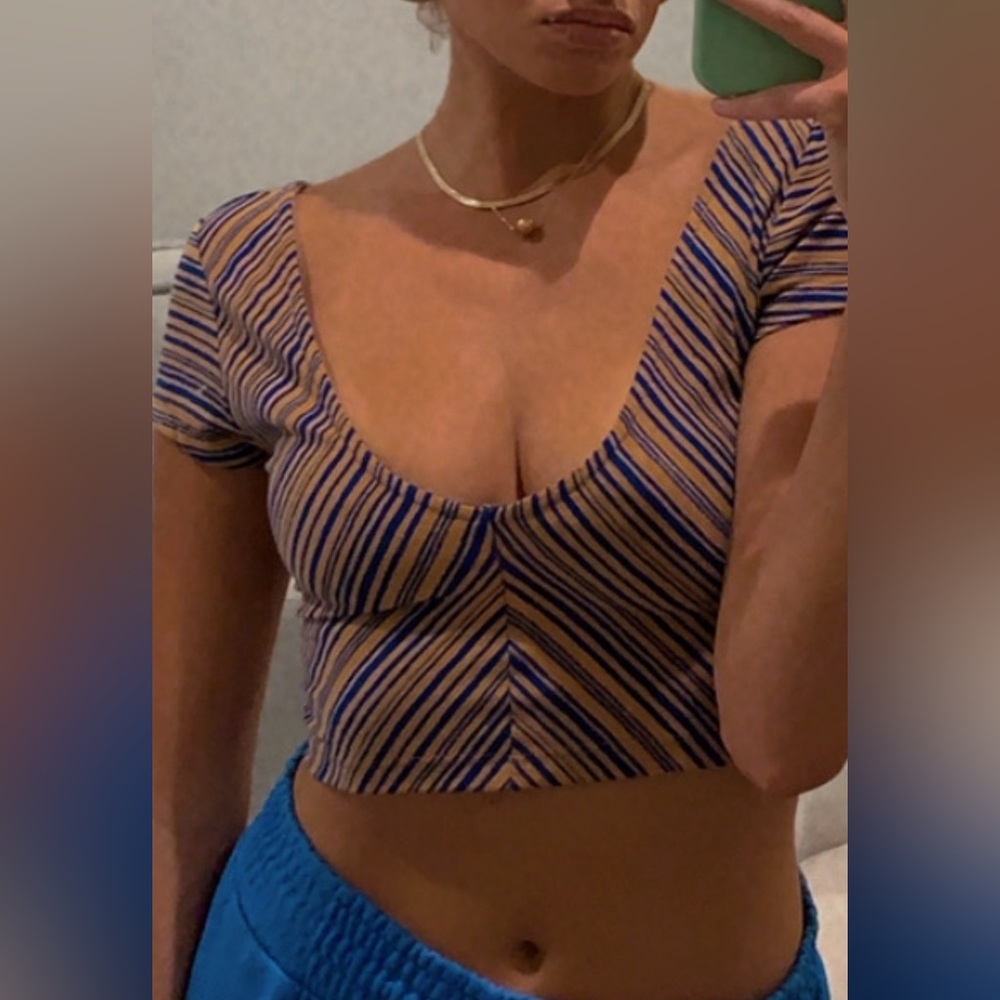 Free People Cropped Blue and Tan Striped Short Sleeve Shirt Size XS